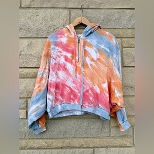 PINK Women Blue Tie Dye Hoodie Cropped Zip Victoria's Secret Hippie Size Large